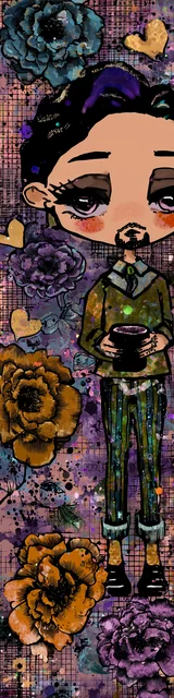 Free teacher bookmark featuring a standing teacher with a cute face and coffee